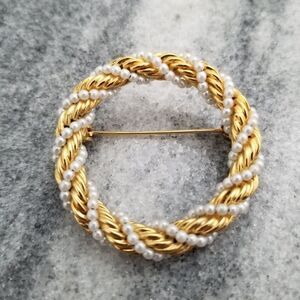 Vintage Gold Tone Beaded Circle Brooch, Wreath, Unsigned Estate Lapel Pin